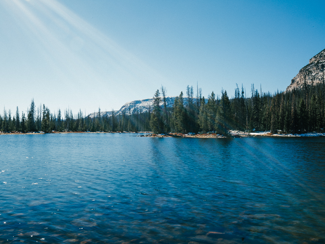 a body of water with trees and mountains in the background